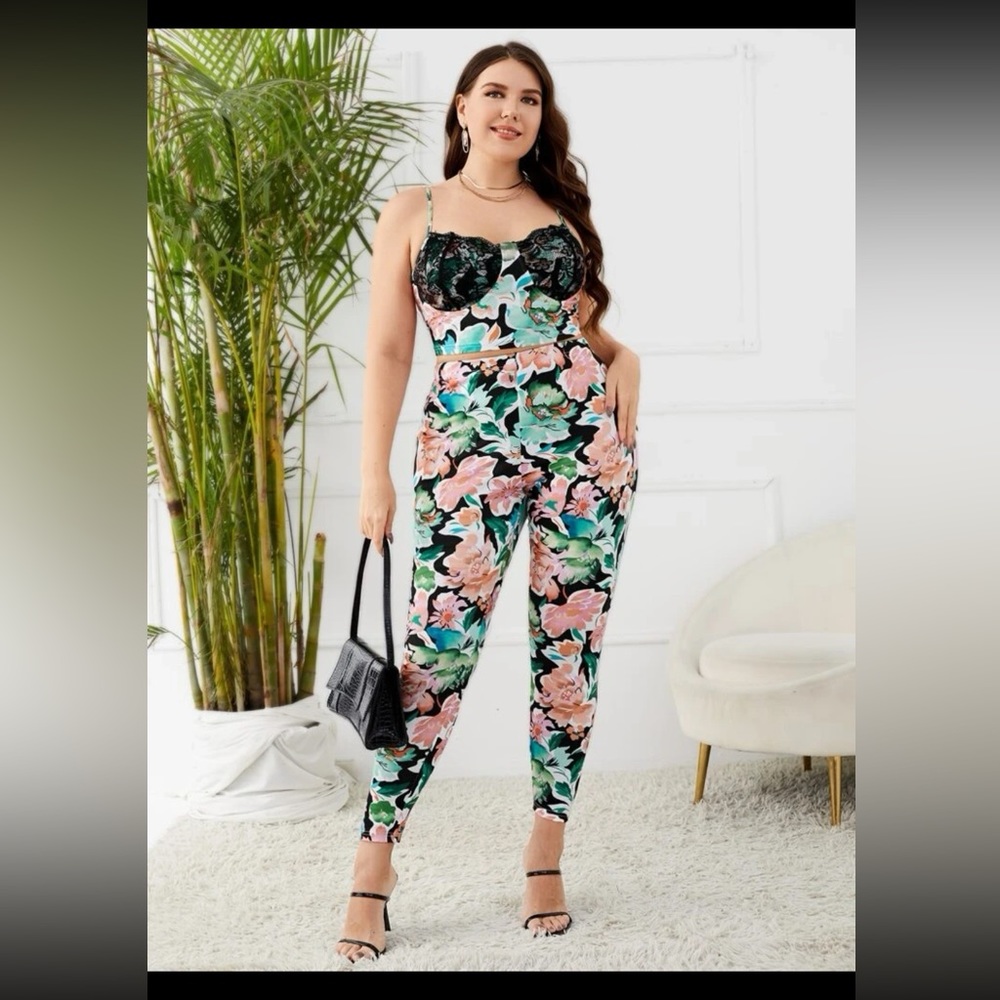 Shein Plant Print Blouse & Pants